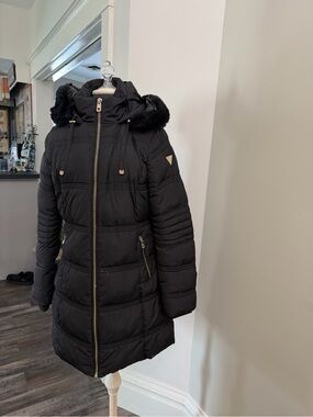 Black Guess Parka Quilted Puffer Coat with Faux Fur Trim Size Medium